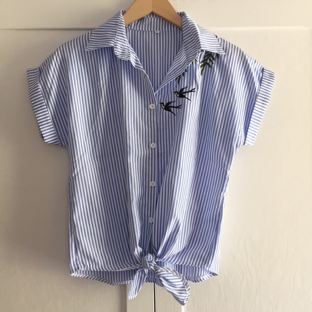 Blue and white striped, collared blouse